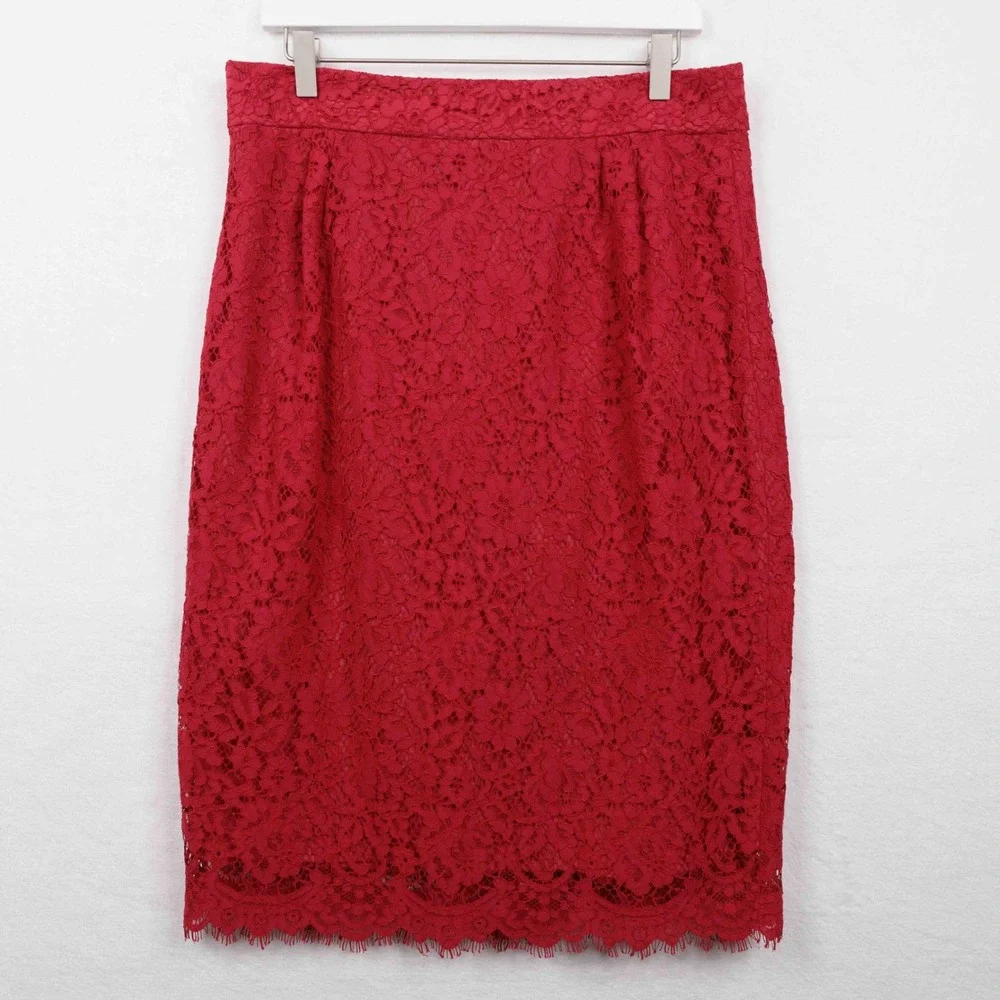 J CREW Pintucked Pencil‎ Skirt Red Lace Feminine Valentines Date Night Sz 14